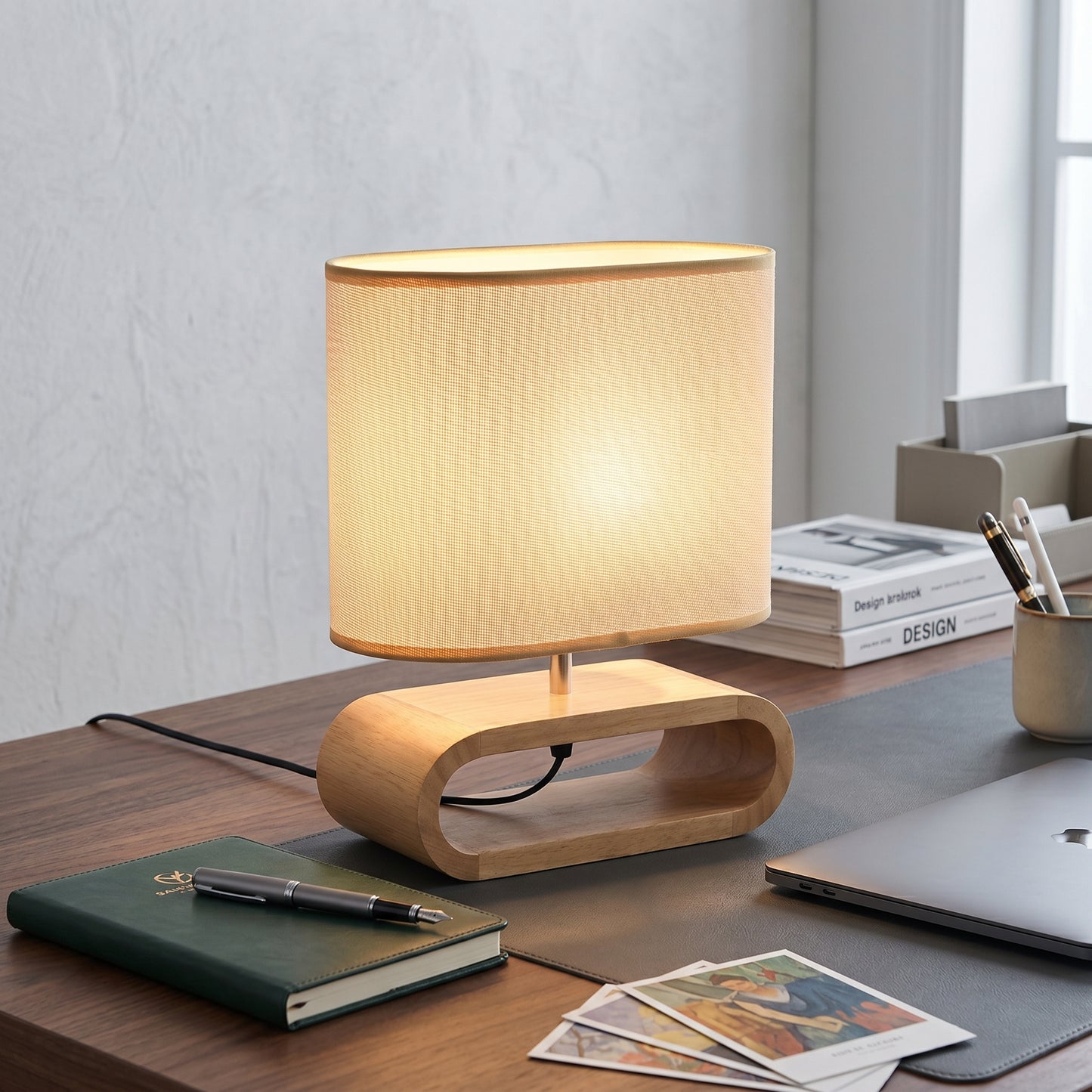 NordicAura | Stylish Compact Wood Base Bedside Table Lamp with Fabric Shade