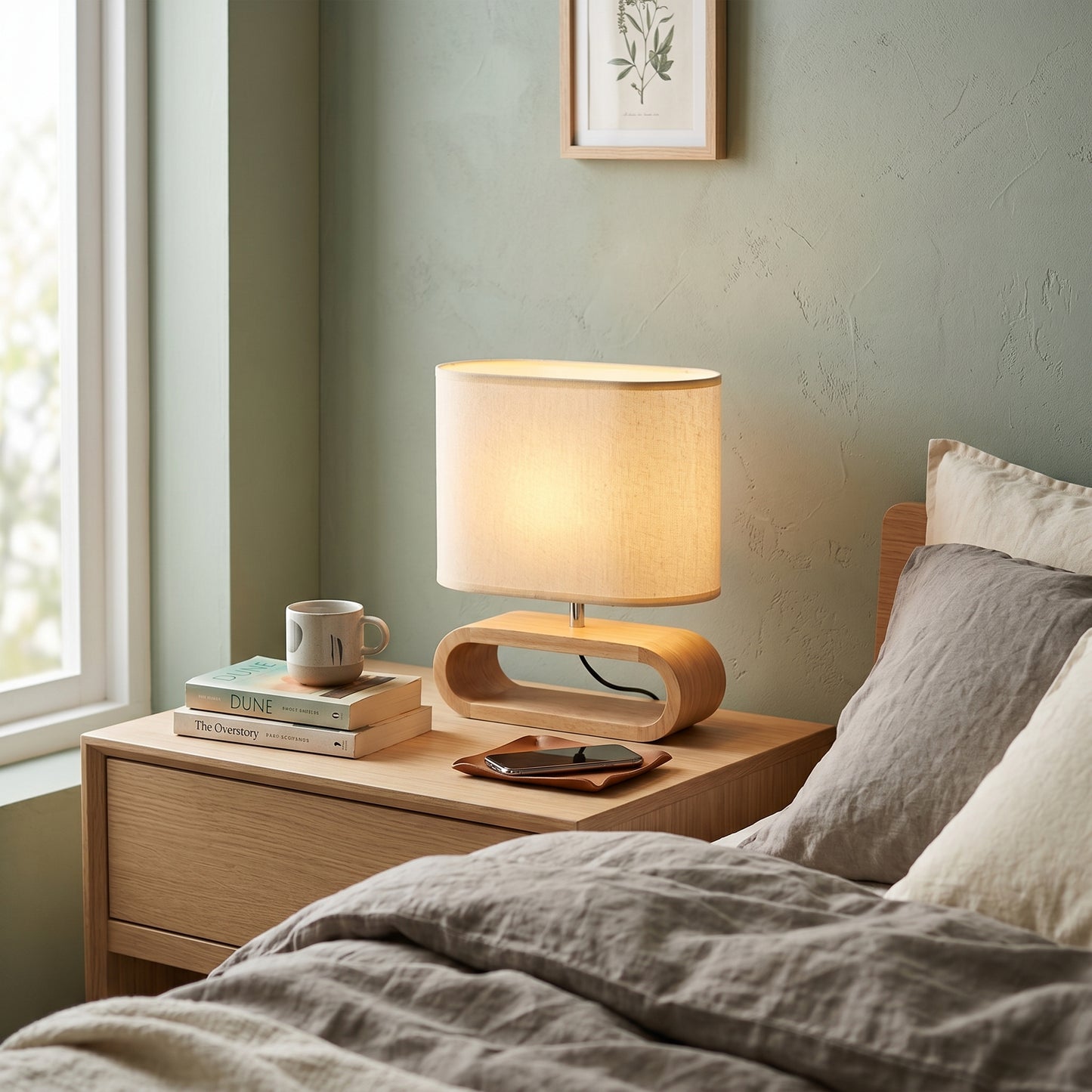 NordicAura | Stylish Compact Wood Base Bedside Table Lamp with Fabric Shade