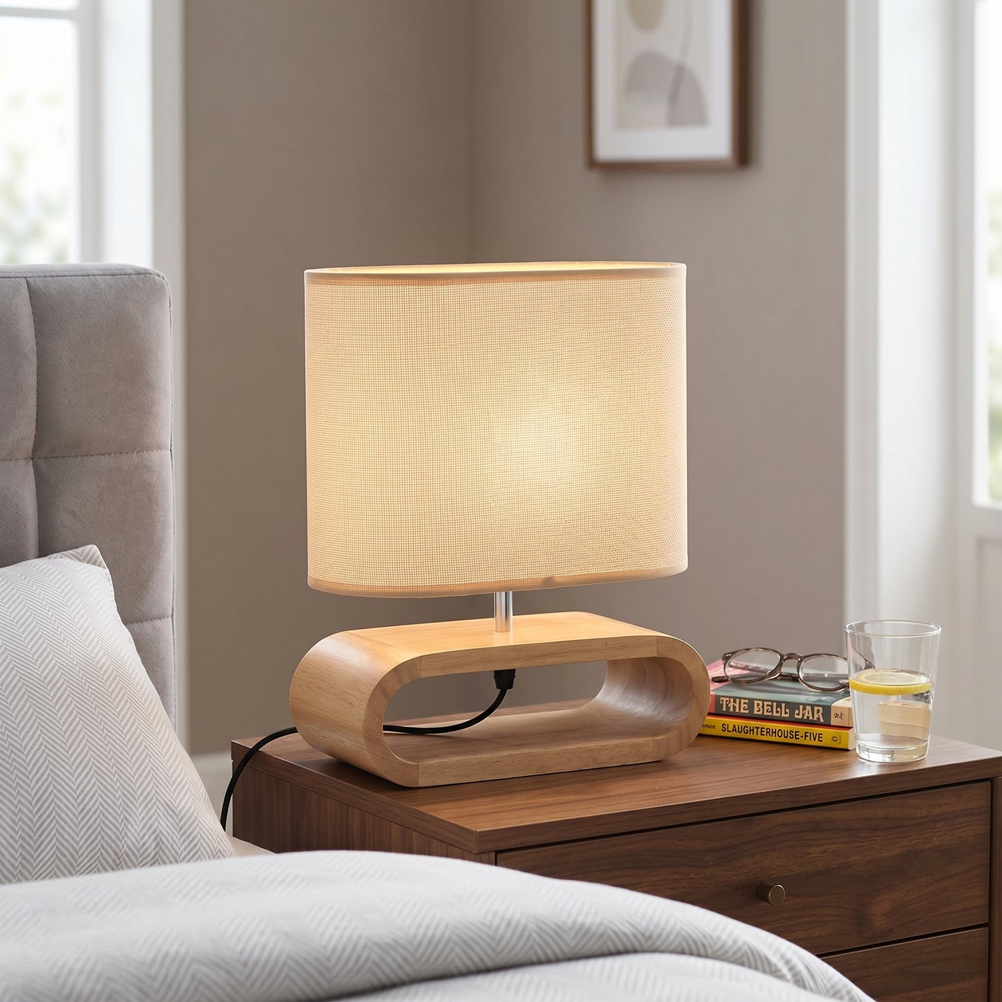 NordicAura | Stylish Compact Wood Base Bedside Table Lamp with Fabric Shade