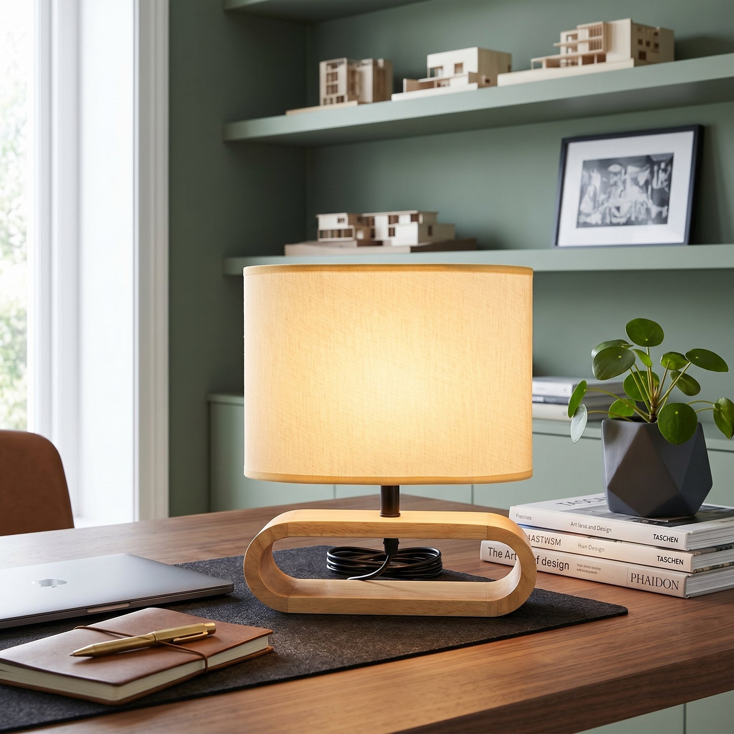 NordicAura | Stylish Compact Wood Base Bedside Table Lamp with Fabric Shade