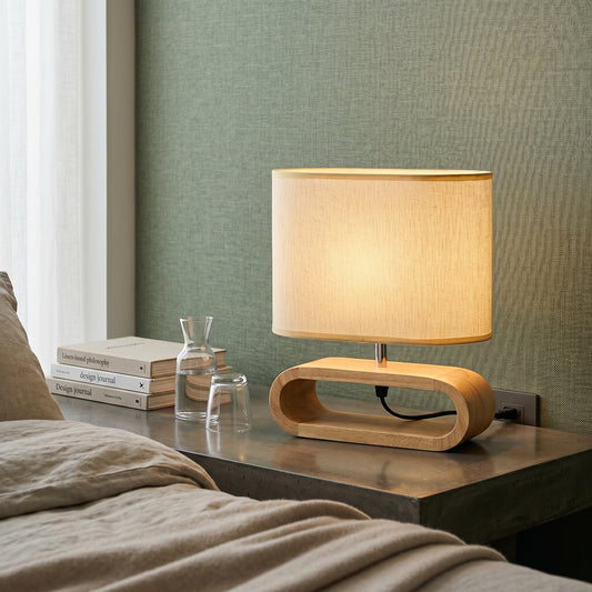 NordicAura | Stylish Compact Wood Base Bedside Table Lamp with Fabric Shade
